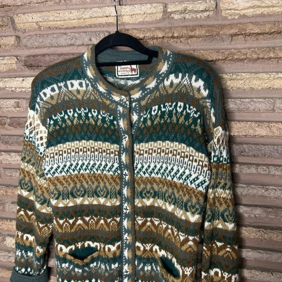 The Alpaca Connection Vintage Tribal Ethnic Print Cardigan Sweater Peru - Picture 6 of 7